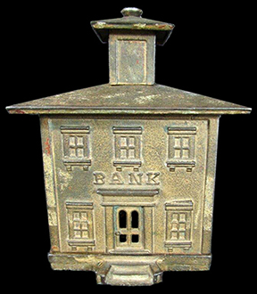 The front of a cast iron toy bank. 8cm x 8cm. See example on right from private collection. The top and bottom parts were screwed into place (N/A 2017). Height: 5.75”, from 18BC27.